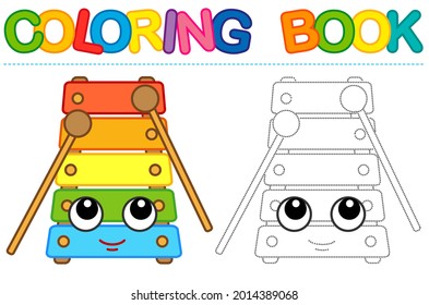 La página de colorear tiene un xilófono sonriente divertido. Libro de seguimiento educativo para la actividad infantil. Rastrear línea de guiones