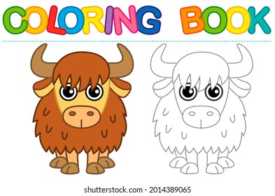 Coloring page funny smiling yak. Educational tracing coloring book for childrens activity. Trace dashed line