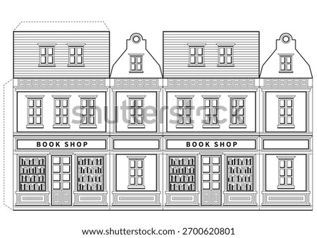 Coloring page and game cut and glue. Paper House for kids. Paper Craft for kindergarten. Book shop for play and decor.