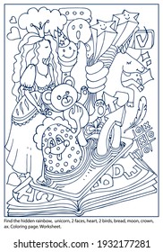 Coloring page with game find  hidden objects. Social network. Communication. Fantasy. Mobile, book. Coloring page. Education worksheet. Hand drawn vector.