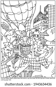 Coloring page with game find  hidden objects. People fly Air balloon in the city above the buildings. Doves are flying.  Puzzle hidden items. Coloring book. Hand drawn vector.  Worksheet.