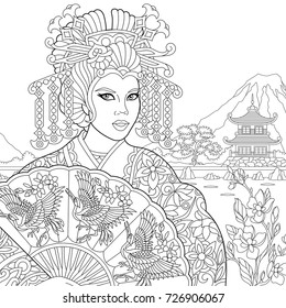 Coloring page of geisha (japanese dancing actress) holding paper fan with crane birds. Freehand sketch drawing for adult antistress coloring book in zentangle style.