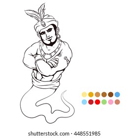 Coloring page with genie and color samples. Vector illustration