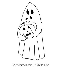 Coloring page of ghost with pumpkin lantern. Outline cartoon spooky character. Happy Halloween. Vector illustration