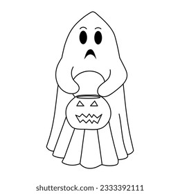Coloring page of ghost with pumpkin. Outline cartoon spooky character. Happy Halloween. Vector illustration