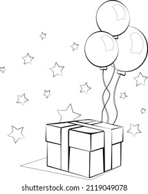 Colorido de la página. Caja de regalo con 3 globos y estrellas