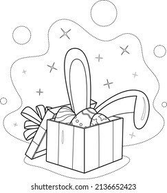 Colorido de la página. Caja de regalo con arco, huevos de Pascua y orejas de conejo
