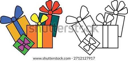 Coloring page with gifts box isolated on white background