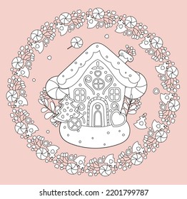 coloring page of gingerbread home and frame on a pink background