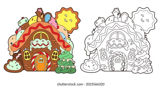 Coloring page with gingerbread house, Christmas candies and new year gingerbread tree, vector illustration in cartoon style, black and white line art for kids