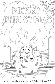 Coloring page with gingerbread in a mug, candles and the inscription Merry Christmas.
