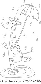 Coloring page with a giraffe with an umbrella jumping in the rain through puddles
