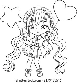 coloring page girl anime cute character cartoon kawii  illustration clipart drawing lovely manga design vector