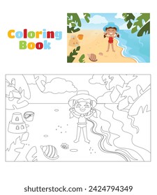 Coloring page. A girl in a hat stands on the seashore. On the beach there is a sand castle and shells. Illustration in cartoon style. Blue sky and water and clean yellow sand.