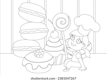 Coloring page. Girl with a huge lollipop near macaroons, cakes and muffins in cartoon style. Illustration of children's love for sweets.