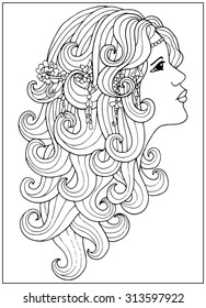 Coloring page with girl with long curly hair