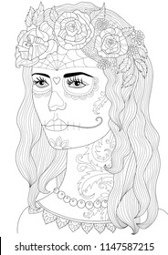 coloring page with a girl with a make-up mask of death