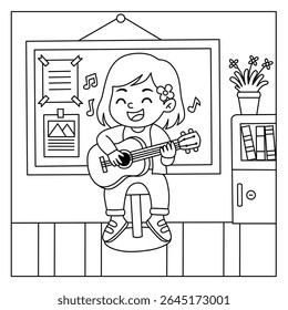 página de coloração de uma menina tocando um violão em frente à sala de aula.ilustração de educação musical infantil