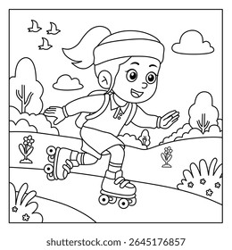coloring page of a girl playing roller skates in the park with a happy expression