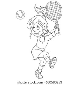 Coloring page of girl playing tennis. Colouring book for kids and children. Cartoon vector illustration.