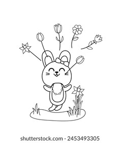 Coloring page girl rabbit and flowers . Black and white jumping hare. Vector

