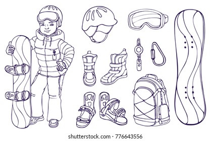 Coloring page of girl snowboarder and set difference favorite things. Sketch snowboarding. Winter sport. Colorless samples for book cover. Vector illustration.