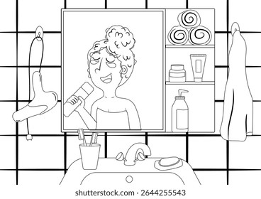 coloring page with a girl standing in the bathroom after a shower, looking in the mirror and singing into a bottle of shampoo