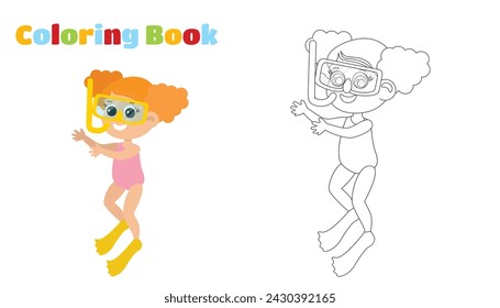 Coloring page. Girl in a swimsuit and snorkeling equipment. Child illustration in cartoon style. Children's activity underwater.