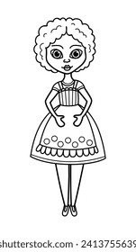 Coloring page girls doll line art. Woman in housewife dress. Hand drawn illustration.