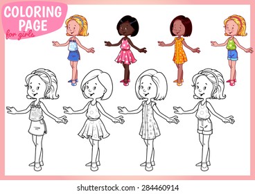 Coloring page for girls. Four young ladies in beautiful dresses. Vector illustration on white background. A4 size.