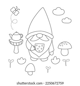 Coloring page and gnome  mushrooms  plants  butterfly  tea cup   pot  Outline cartoon characters  Fairy tale  Doodle style  Coloring book for kids  Black   white vector illustration 