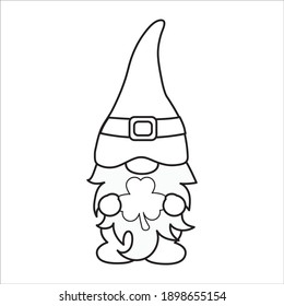 Coloring Page, Gnome Saint Patrick lucky, irish, shamrock standing with clover leave, cute fantacy fairytale dwarf with hat decoration, symbol vector.