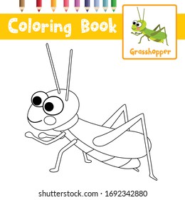 Coloring page of Grasshopper animal cartoon character for preschool kids activity educational worksheet. Vector Illustration.