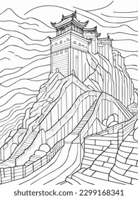 A coloring page of Great Wall of China, gray scale portrait, coloring book, 2d art, thin line, clean line art.