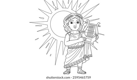 A coloring page of a greek god holding a harp