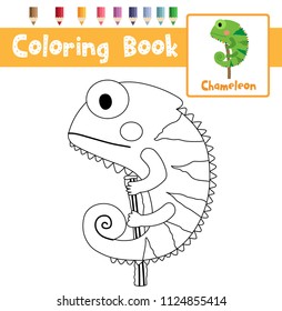 Coloring page of Green Chameleon animals for preschool kids activity educational worksheet. Vector Illustration.