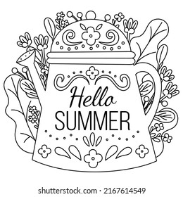 Coloring page. Greeting card for coloring. Hello summer. Black and white vector illustration.