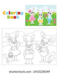 Coloring page. Greeting Easter card. Easter bunnies are standing in the middle of a green meadow. Illustration of a scene in a cartoon style.