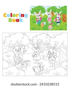 Coloring page. Greeting Easter card. Easter bunnies are on a green meadow. The bunnies are happy and will laugh merrily. Scene in cartoon style.