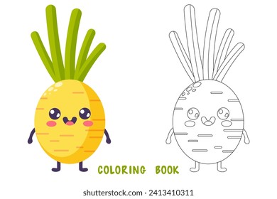 Coloring page of groovy cartoon funny radish. Happy cute vegetable character with plant with smiling face, graphic elements isolated collection. Vector food illustration.