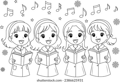 Coloring page a group of children singing Christmas carols.