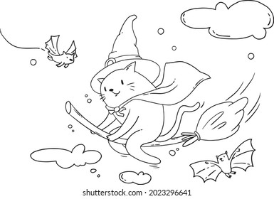 Coloring page Halloween cat flying on a broomstick in a witch's hat in the clouds with bats.