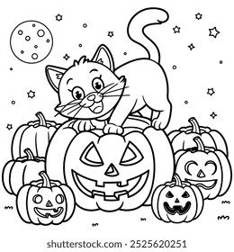 Coloring Page of Halloween Cat and Pumpkin for Kids and Adults