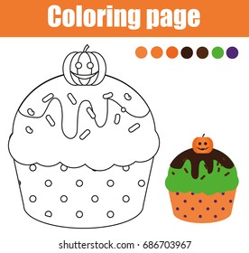 Coloring Page With Halloween Cupcake. Drawing Kids Activity. Printable Sheet.