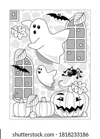 Coloring page with Halloween ghosts playing in old castle interior
