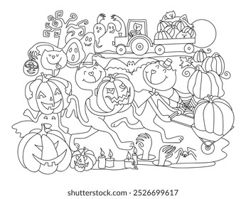 Coloring page. Halloween night with Cats, Pumpkins, Ghosts. Jack-O'-Lantern Halloween celebration. Hand drawn vector illustration.