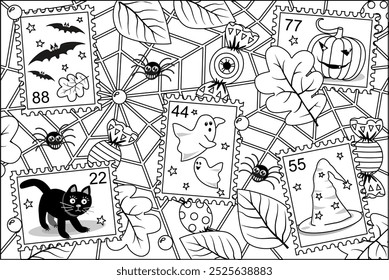 Dibujo para colorear con sellos postales de Halloween, telaraña y arañas, caramelos, hojas de otoño que caen, calabaza, gato negro, murciélagos, fantasmas. Signo, cartel, Anuncio, fondo de la tarjeta.
