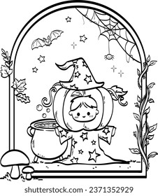 A coloring page of a halloween pumpkin wizard costume coloring page