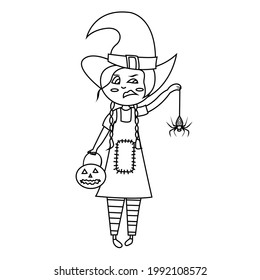 Coloring page halloween vector illustration of girl in witch costume with red hair holding pumpkin and spider. Emotion of disgust on the face. Coloring book for children