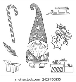 Coloring page hand draw Christmas gnome outline on white background vector illustration
